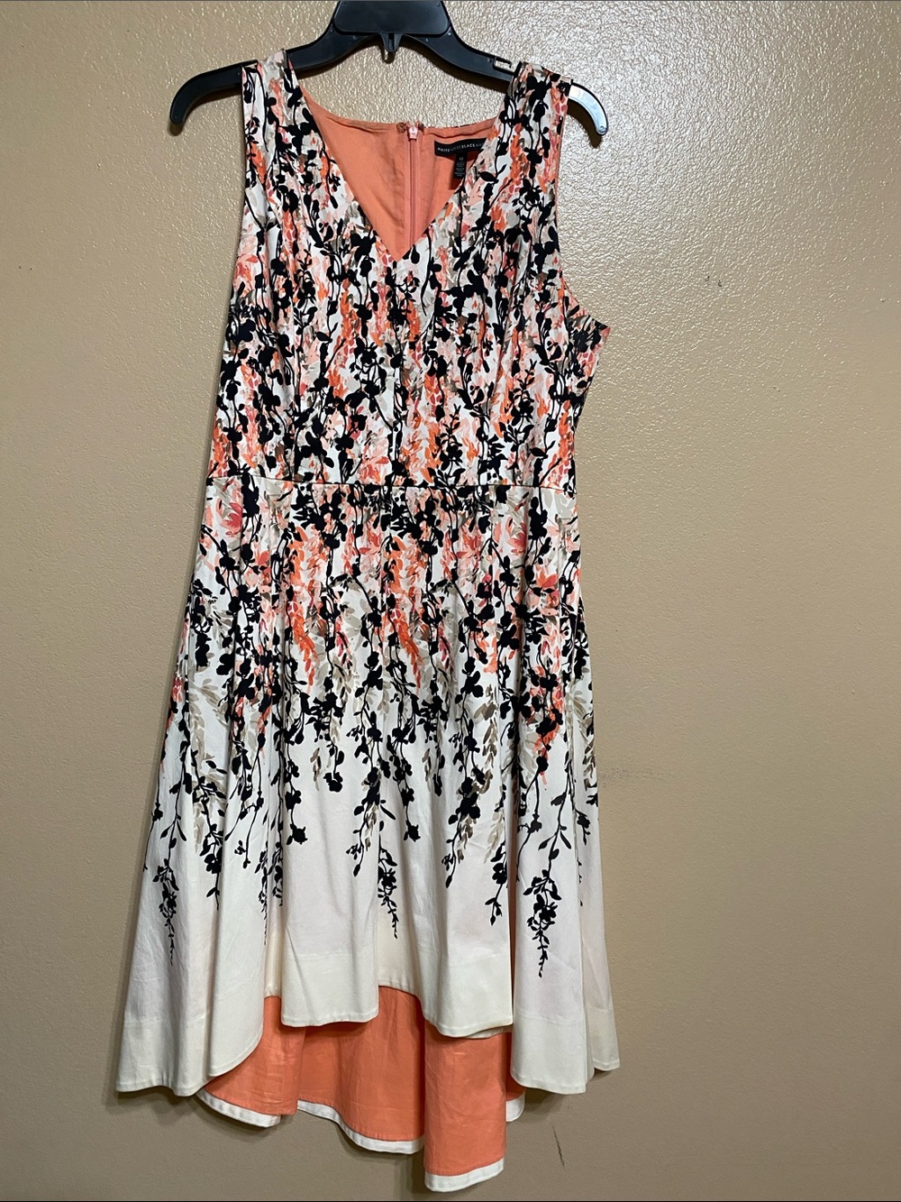 White House Black Market Coral, Black and White Floral V-Neck Hi-Low Dress